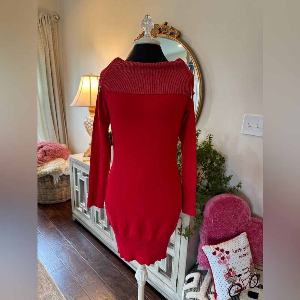 Off the sweater shoulders, red dress size large